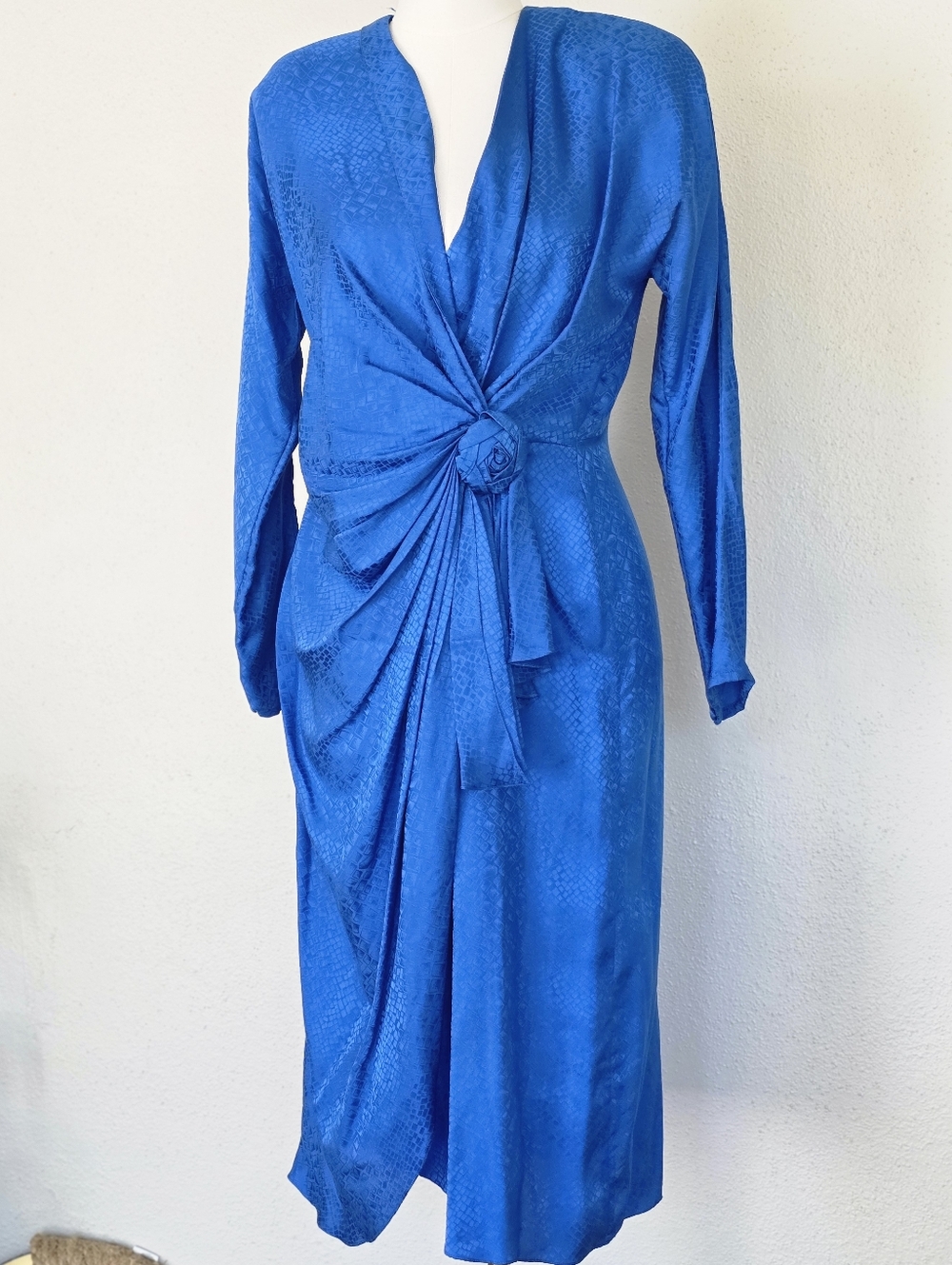 VTG Silk Draped Midi Dress Blue Argenti Wrap Style Ruched Waist 90s 10